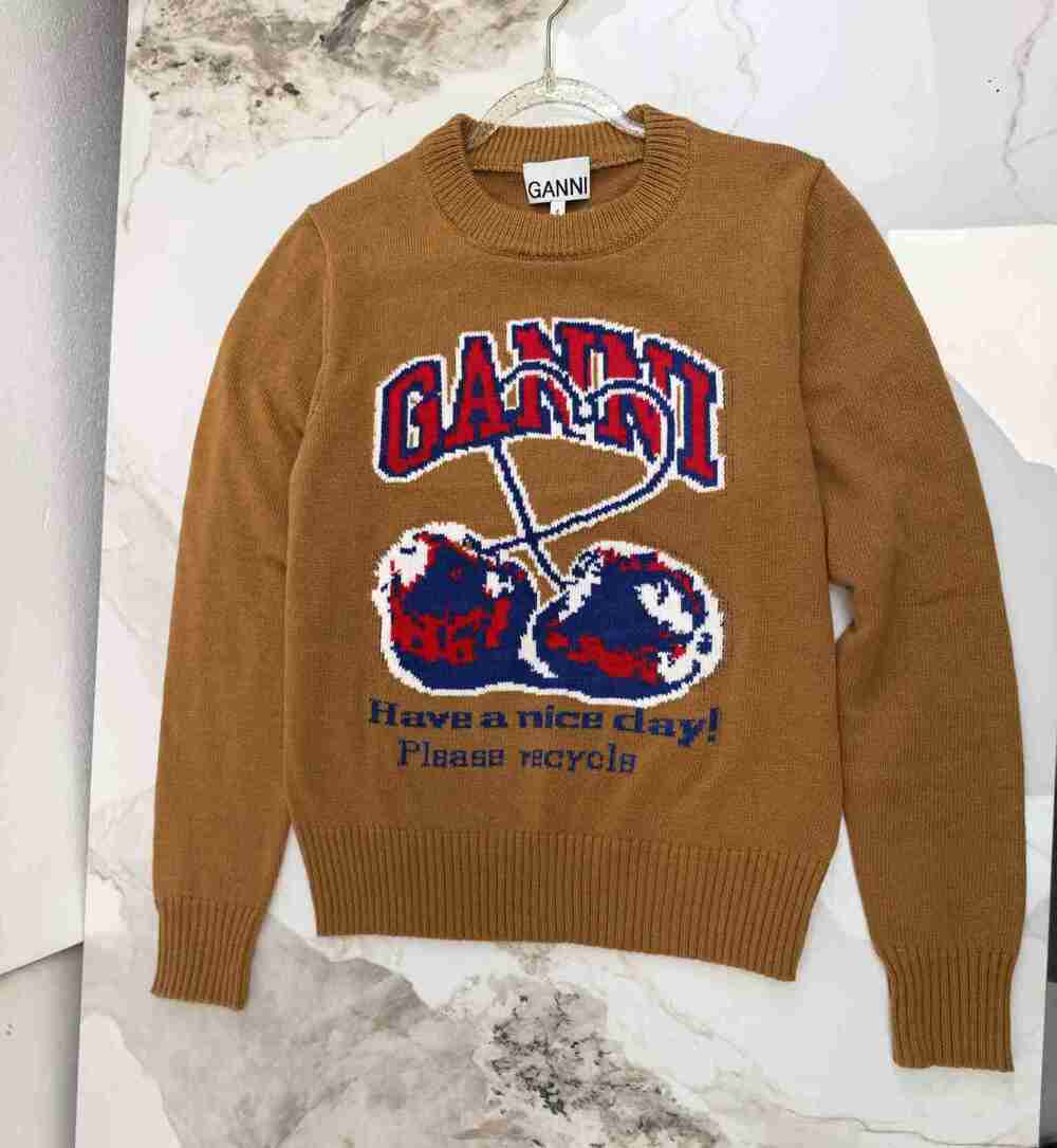 GANNI Brown Vintage Cherry Logo Long Sleeve Crewneck Knitted Jumper